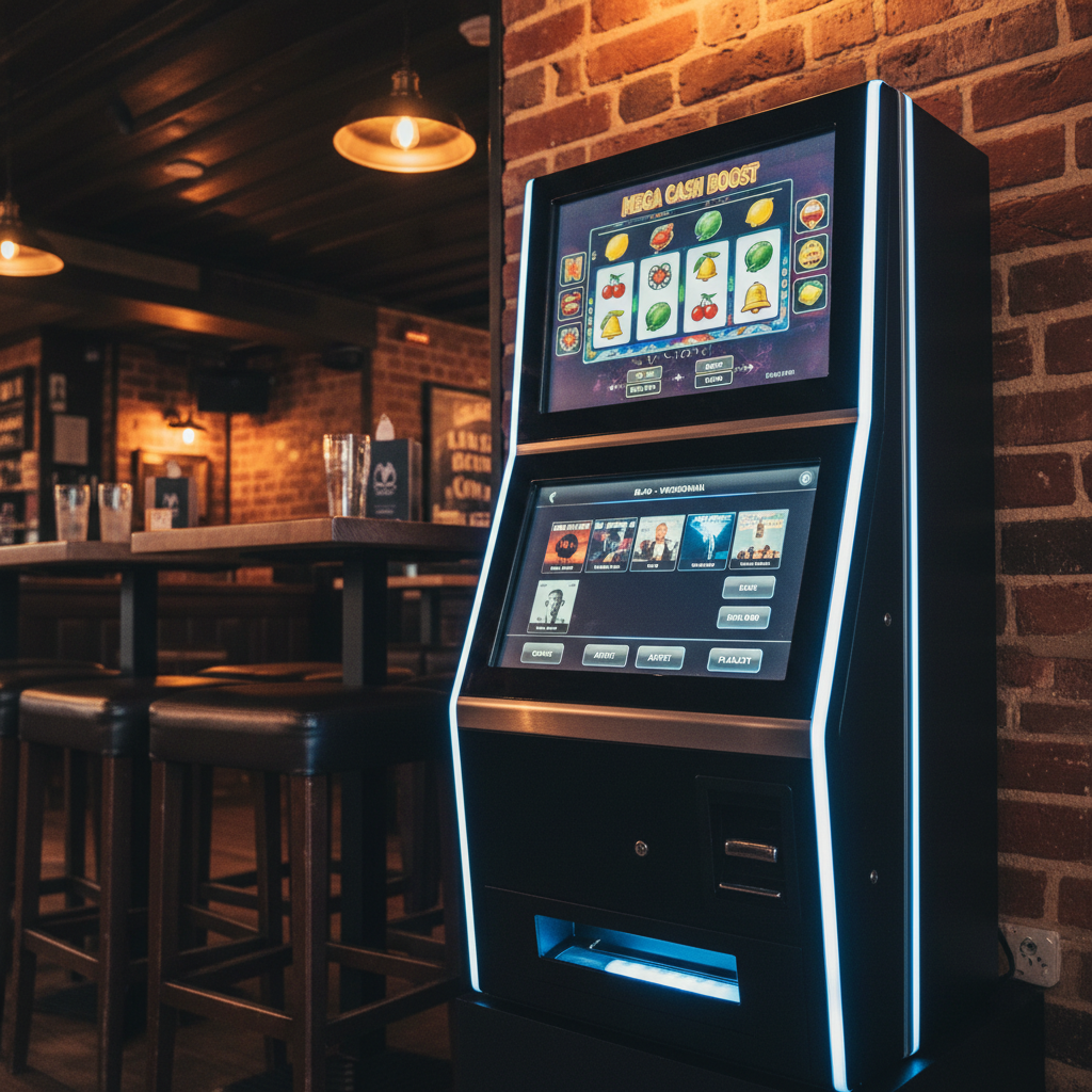 A compact, space-efficient fruit machine and digital jukebox combo positioned against a brick accent wall inside a stylish UK pub interior, with high tables and bar stools softly blurred in the background. The machines have coordinated matte black casings, brushed aluminium trim, and clear, easy-to-read LCD screens displaying games and music interfaces. Warm ambient pendant lighting from the pub ceiling mixes with the machines’ cool LED highlights, producing a comfortable, balanced glow. Captured in photographic realism at a low, three-quarter angle to emphasise the hardware and its neat footprint, with moderate depth of field. The mood is professional, profitable, and venue-friendly, highlighting how machines integrate seamlessly into hospitality spaces.